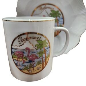 Vintage Bahamas Flamingo Mug & lotus plate Mica Chokin gold rimmed made in japan